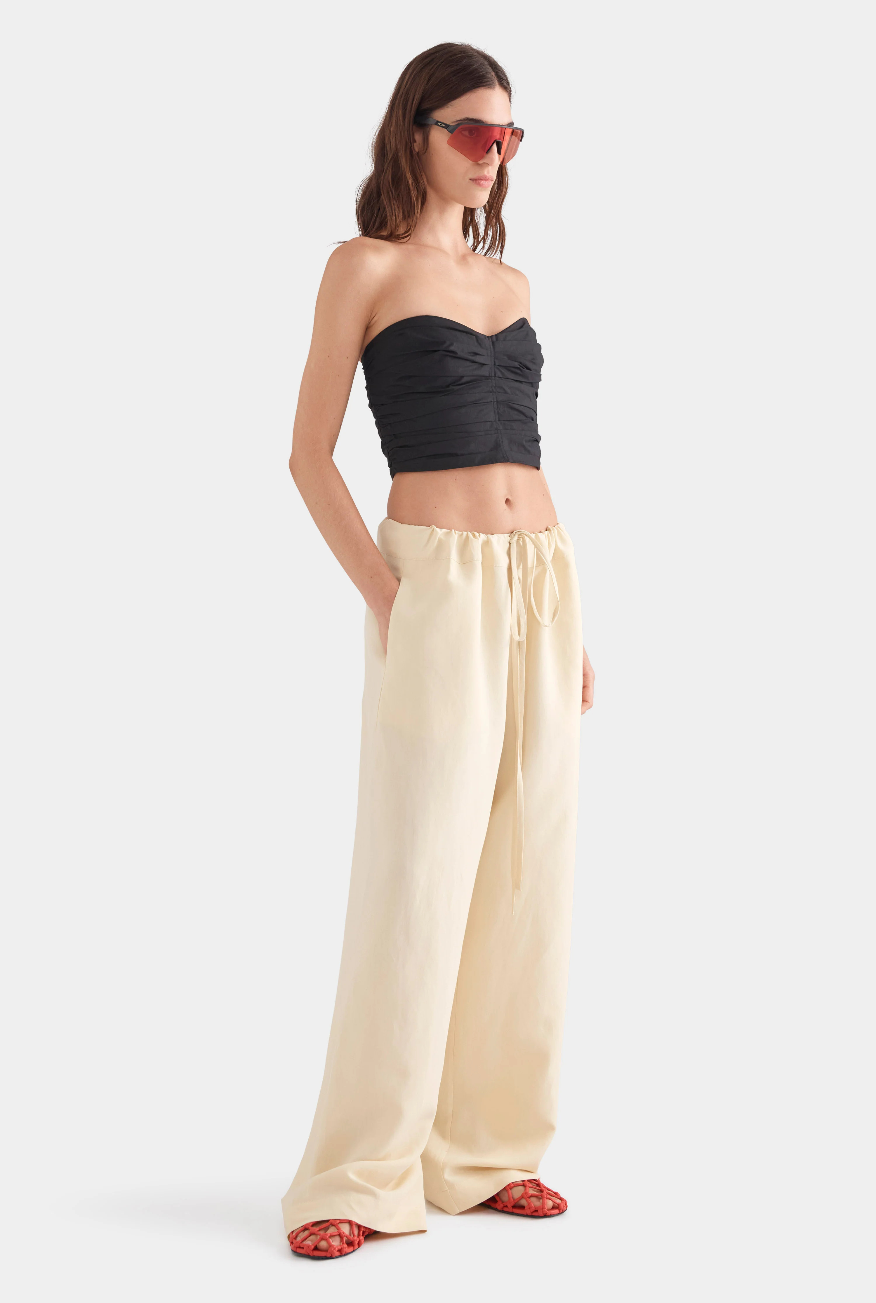 Womens Silk Linen Paperbag Pant in Dusty Yellow | Venroy | Venroy AU