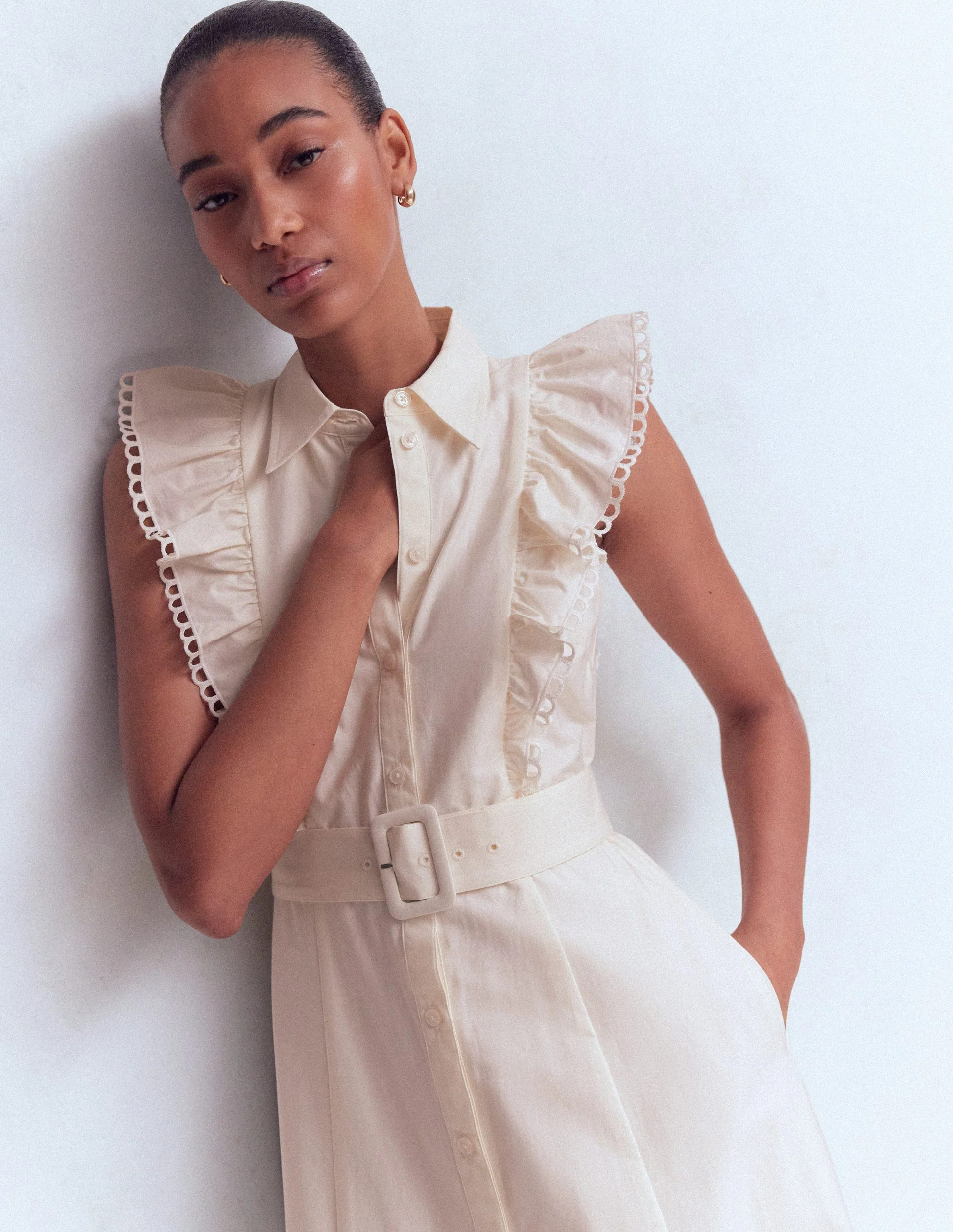 Ruffle Bodice Shirt Dress-White Broderie Trim | Boden (US)