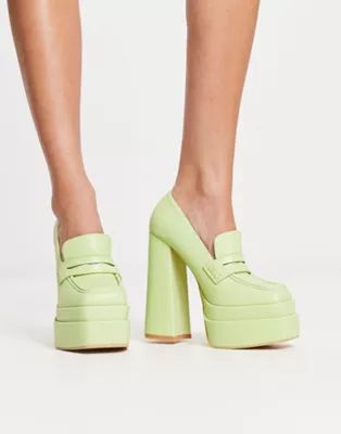 Daisy Street Exclusive double platform heeled loafers in lime | ASOS (Global)