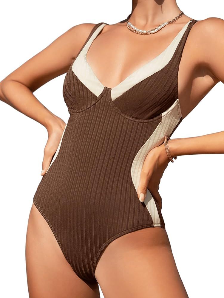 SweatyRocks Women's Color Block One Piece Swimsuit Ribbed Underwire Push Up Monokini Bathing Suit | Amazon (US)