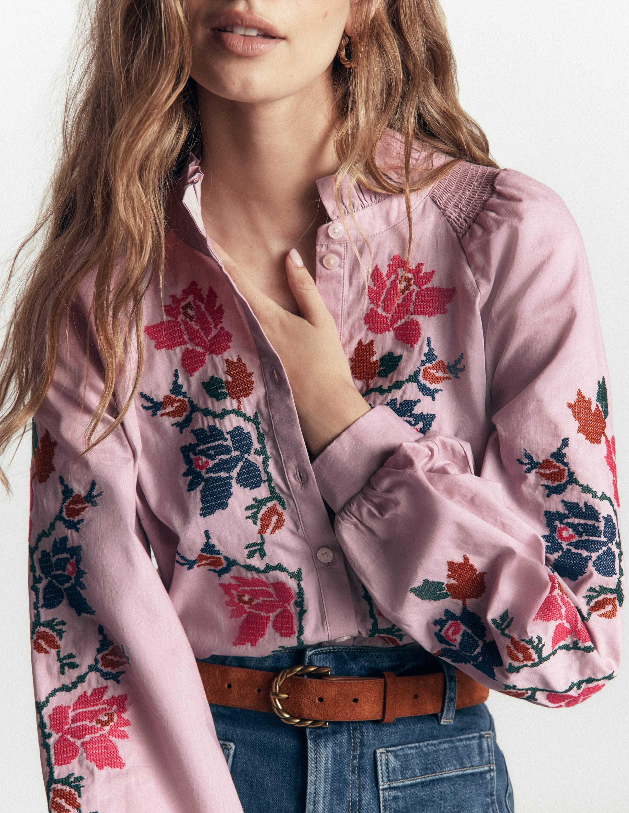 Erica Cotton Frill Top-Soft Pink, Embroidered Floral | Boden (US)