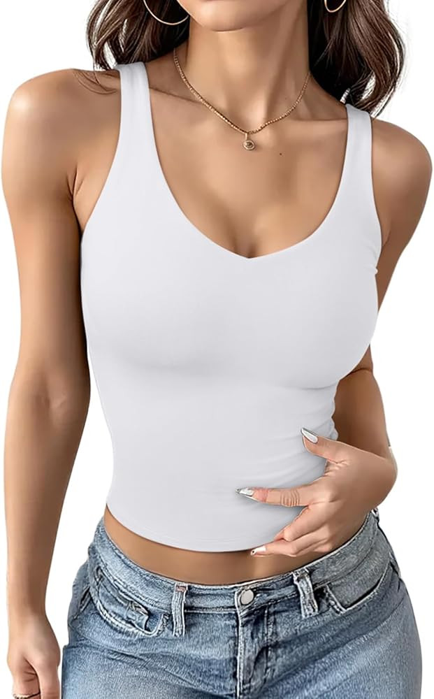 REORIA Tank Tops for Women Double Lined V Neck Summer Sleeveless Casual Basic 2026 Trendy Workout... | Amazon (US)