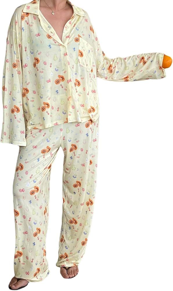 Women Fruit Printing Pajamas Lounge Set 2 Piece Casual Outfits Set Long Sleeve Button Down Shirt ... | Amazon (US)