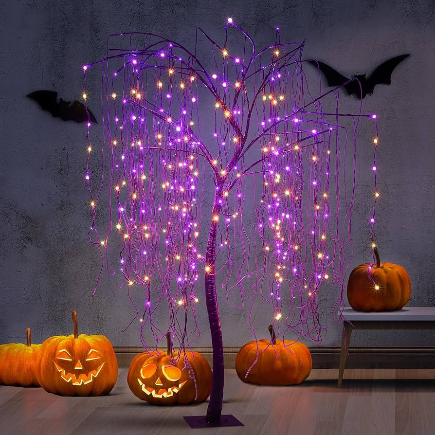 7 FT Halloween Lighted Willow Tree 256 LED Orange and Purple Lights Artificial Weeping Willow Tre... | Amazon (US)