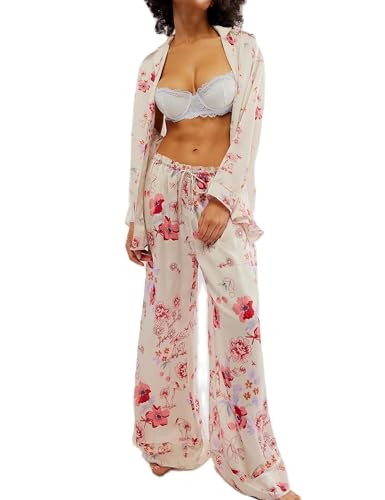 Arssm Women 2 Piece Satin Silk Pajama Set Floral Long Sleeve Pajamas Soft Button Down Pjs Set Sle... | Amazon (US)
