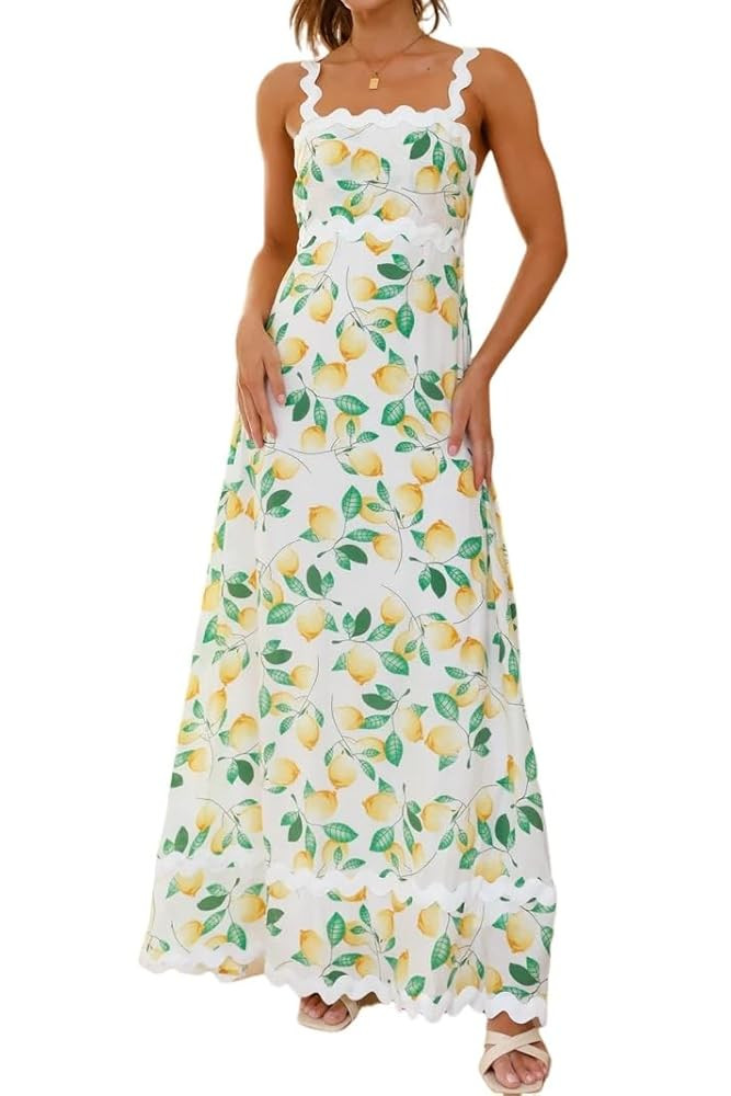 Women's Classy Sleeveless Lemon Print Maxi RIC Rac Dress | Amazon (US)