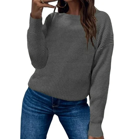 LUXUR Women Solid Color Knitted Sweaters Loose Crew Neck Jumper Tops Winter Warm Pullover Waffle ... | Walmart (CA)