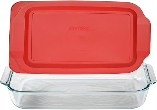 Pyrex Basics 3 Quart Glass Oblong Baking Dish with Red Plastic Lid -13.2 INCH x 8.9inch x 2 inch | Amazon (US)