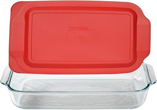 Pyrex Basics 3 Quart Glass Oblong Baking Dish with Red Plastic Lid -13.2 INCH x 8.9inch x 2 inch | Amazon (US)