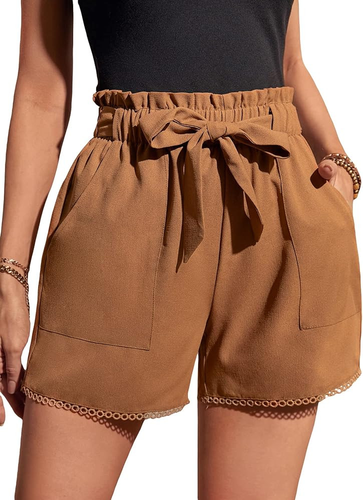 Verdusa Women's Tie Front Frilled Paperbag Waist Straight Leg Shorts with Pocket | Amazon (US)