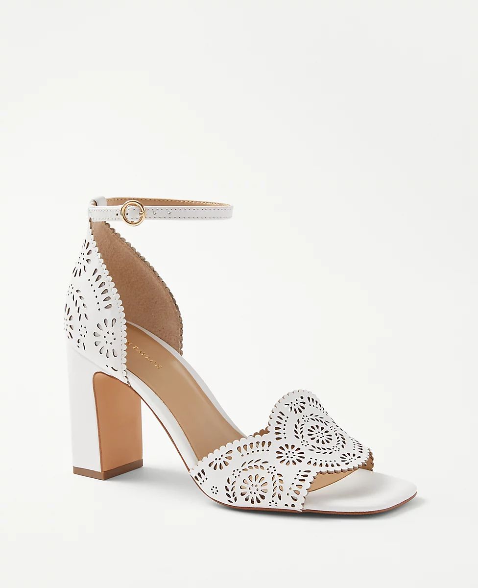 Eyelet Perforated Leather High Block Heel Sandals | Ann Taylor (US)