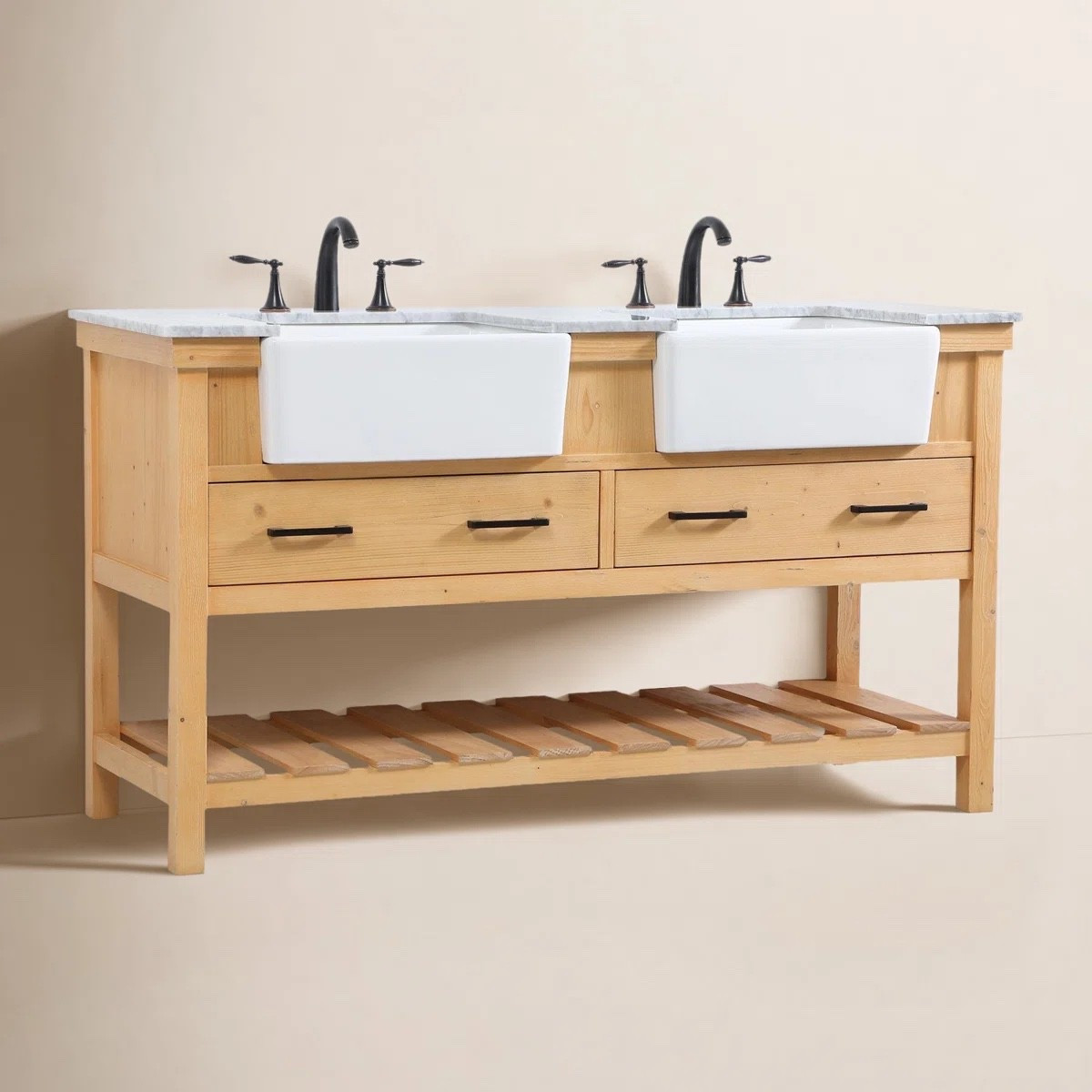 This double bathroom vanity from Wayfair is currently 30% off and brings timeless farmhouse style to any primary bathroom renovation. Featuring a spacious 60-inch design, durable marble top, dual farmhouse sinks, generous drawer storage, and an open lower shelf, it’s both beautiful and functional for busy households. The warm wood finish and matte black hardware create a classic look that works with modern farmhouse, rustic, and transitional spaces.
