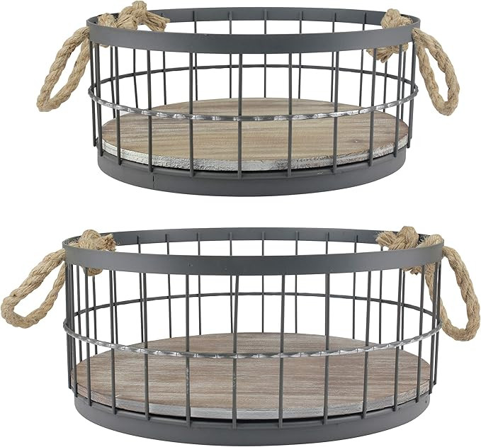 Stonebriar 2pc Round Stackable Metal Wire and Wood Basket Set with Rope Handles, Rustic Decor for... | Amazon (US)