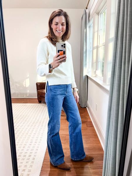 Fall outfit - sweater and jeans run TTS. I’m 5’7 and jeans are definitely on the longer side. Boots are a older season from ABLE. Use code NTKANNI30 for 30% off ANLE’s anniversary sale! 