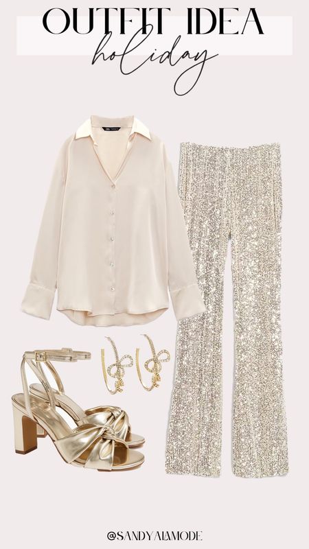 Holiday outfit idea | sequin flare pants | gold holiday outfit idea | gold block heels | satin button down shirt | holiday party outfit idea 

#LTKfindsunder100 #LTKstyletip #LTKHoliday