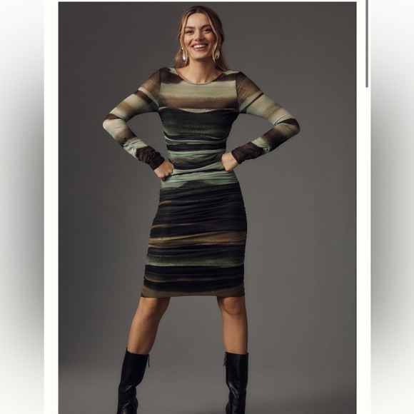 By Anthropologie Ruched Mock-Neck Long-Sleeve Midi Dress large petite | Poshmark