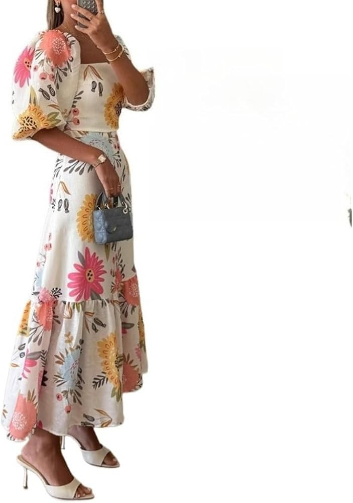 Woman Elegant Square Neck Puff Sleeve Casual Floral Print Pleated A-Line Long Boho Spliced Backle... | Amazon (US)