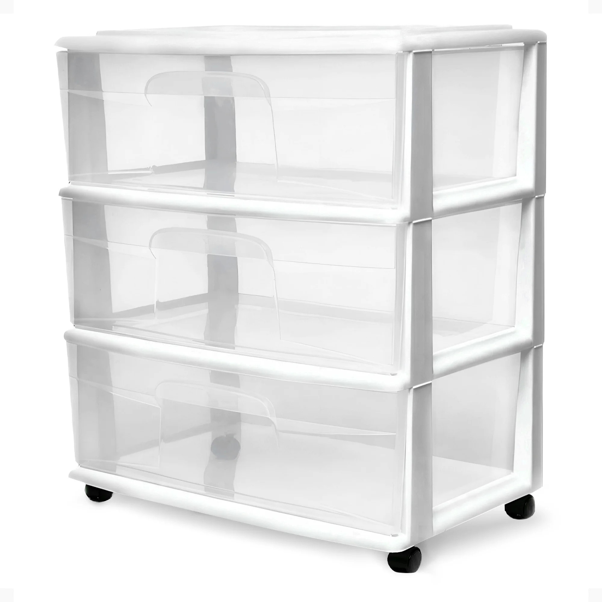 HOMZ Drawer Tower, 3-Tier Clear Plastic Wide Rolling Storage Cart, Removable Wheels, White | Walmart (US)