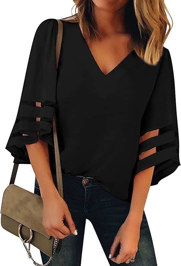 LookbookStore Women's V Neck Mesh Panel Blouse 3/4 Bell Sleeve Loose Top Shirt | Amazon (US)