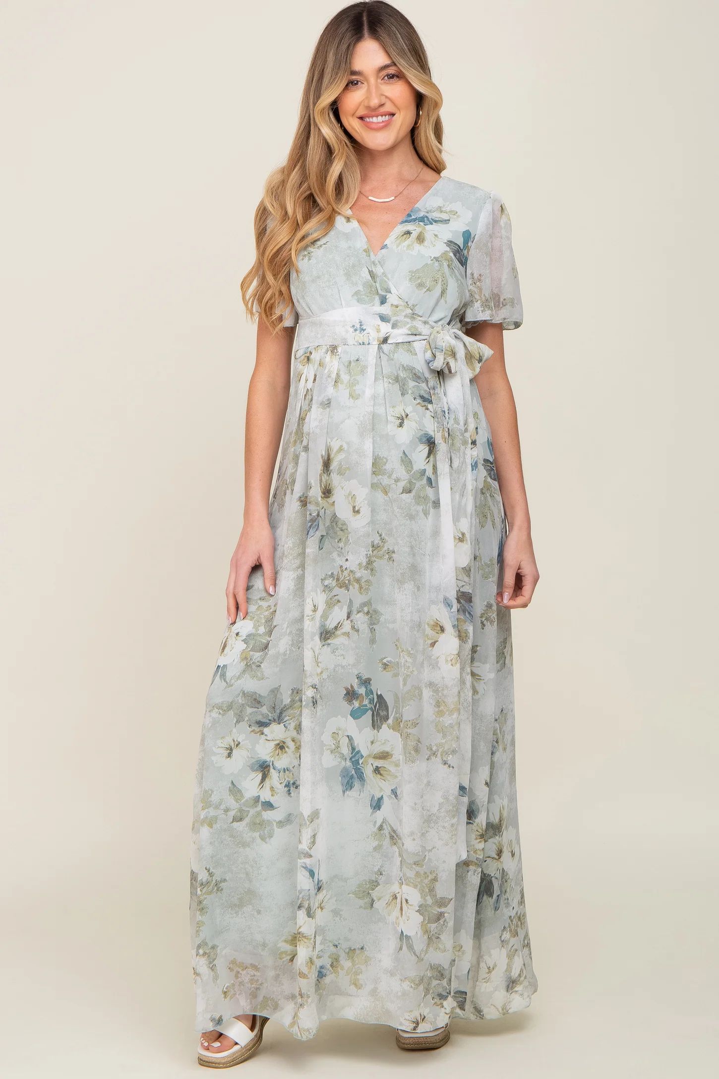 Light Olive Floral Chiffon Wrap Front Short Sleeve Maternity Maxi Dress | PinkBlush Maternity