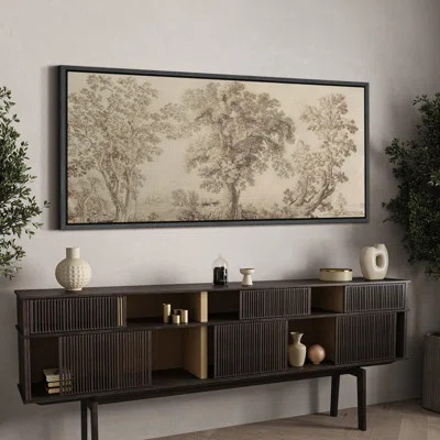 Rustic Countryside "Vintage Forest Trees In French Etching Sketch Warm Extra Large Framed Wall Art | Wayfair North America