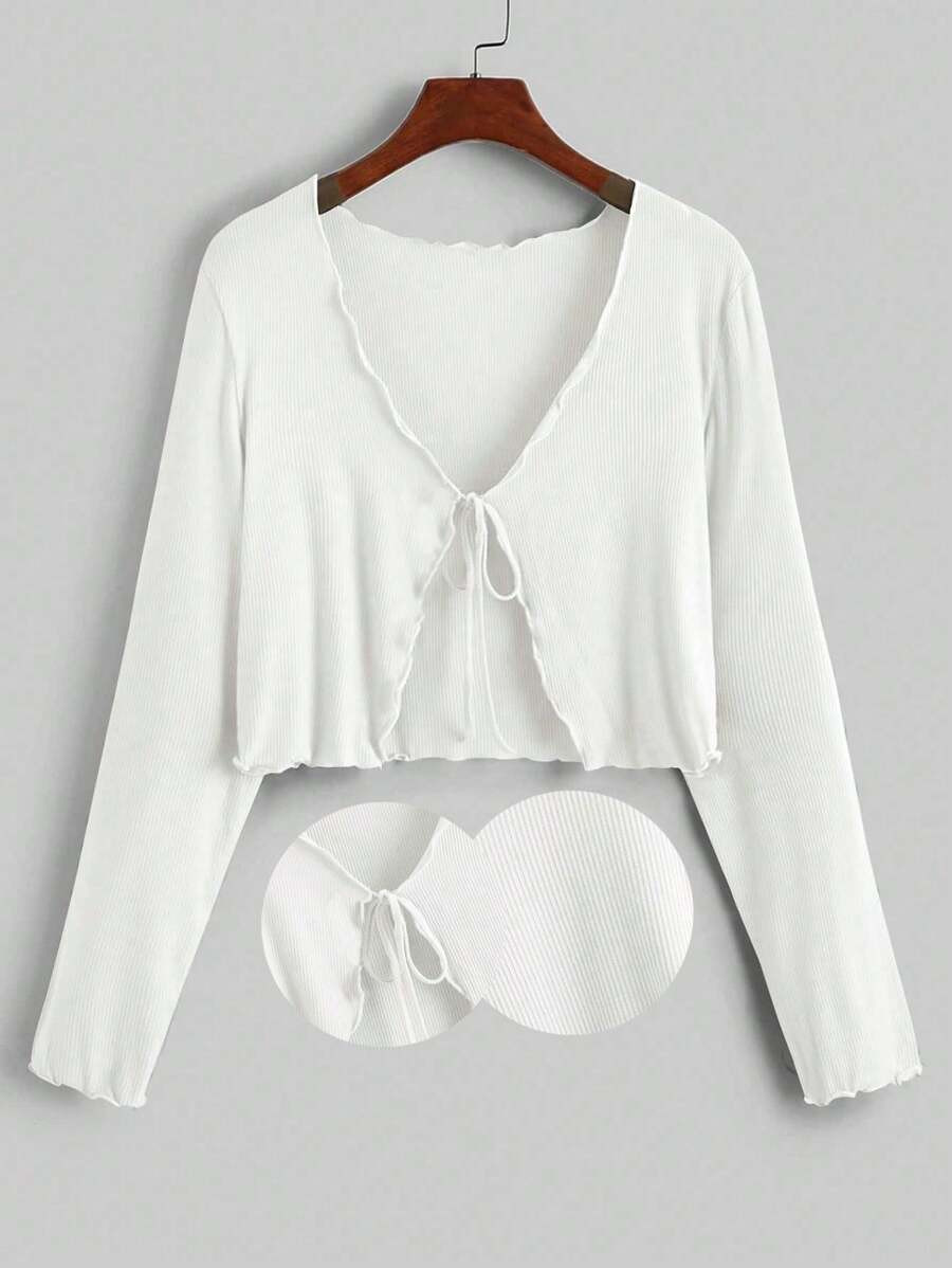 SHEIN Qutie Plus Tie Front Lettuce Trim Top White Sets For Womenwhite Two Pieces Set | SHEIN