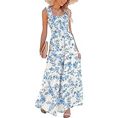 Caracilia Womens Summer Maxi Dresses Floral Smocked Sleeveless Ruffle Boho Casual Flowy Aline Bea... | Amazon (US)
