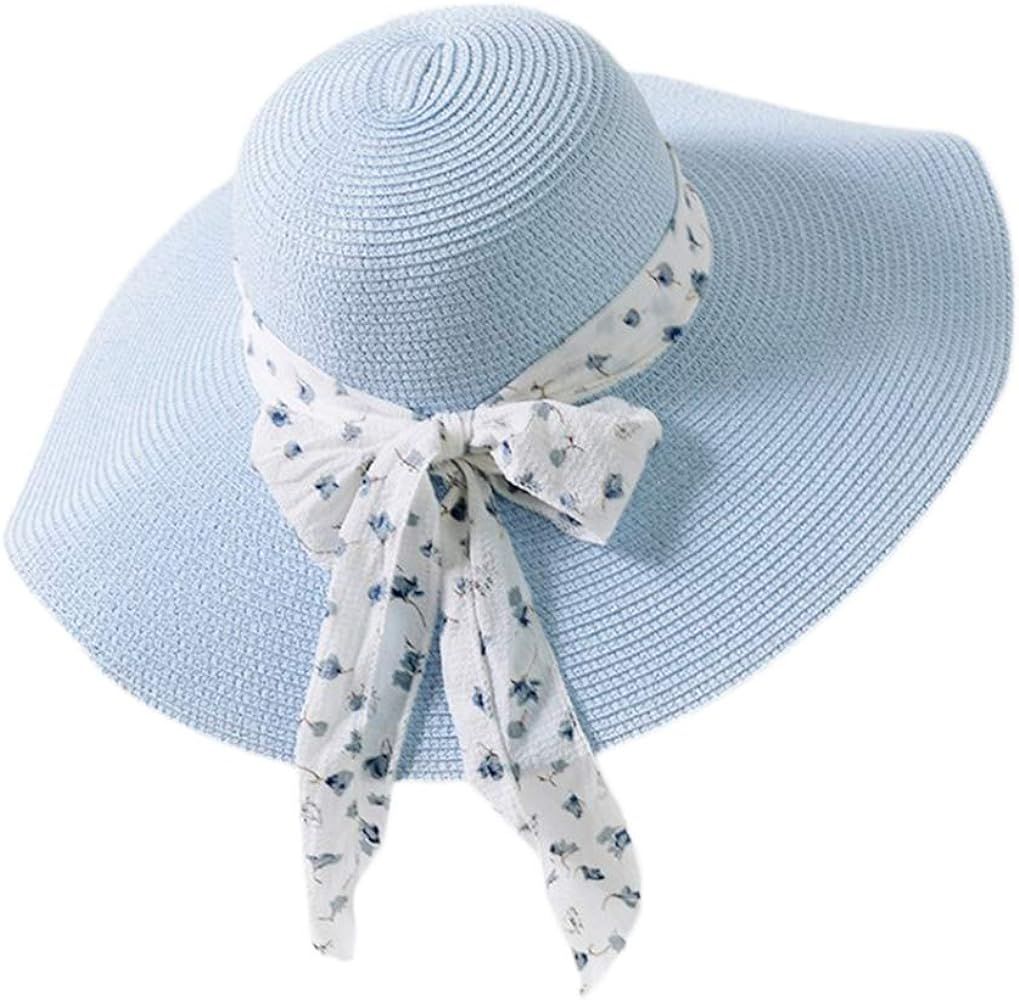 Chiffon Streamers Ladies Straw hat Summer Travel Sunscreen Sun hat Beach hat Folding hat | Amazon (US)