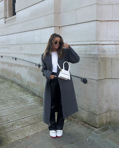 Long grey tailored coat styled with Abercrombie short sleeve double lined bodysuit and leather trousers with red new balance 550s 

#LTKfindsunder50 #LTKeurope #LTKstyletip