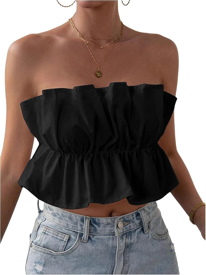 GORGLITTER Women's Strapless Bubble Tube Tops Ruffle Open Back Sleeveless Cute Summer Bandeau Pep... | Amazon (US)