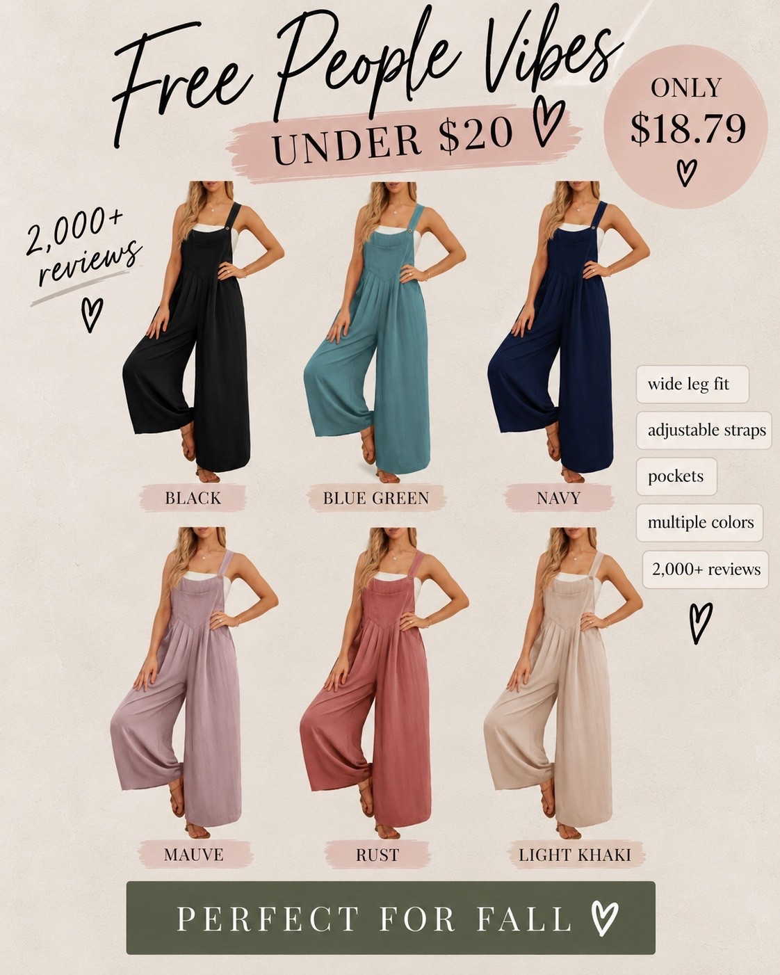 Free People vibes for under $20! 🤎 These Walmart wide-leg overalls are such a cute fall find. They come in so many colors, have pockets, adjustable straps and 2,000+ reviews! Perfect with a tee now and layered up when it gets cooler. 🍂