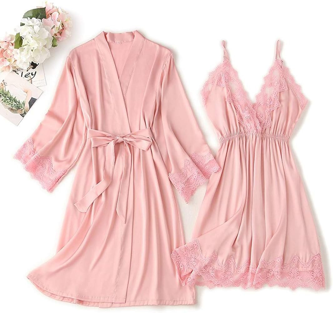 2PCS Women Lace Trim Silk Nightgown and Robe Set for Women Soft Loose Bathrobe Sexy Bride Nigthgo... | Amazon (US)