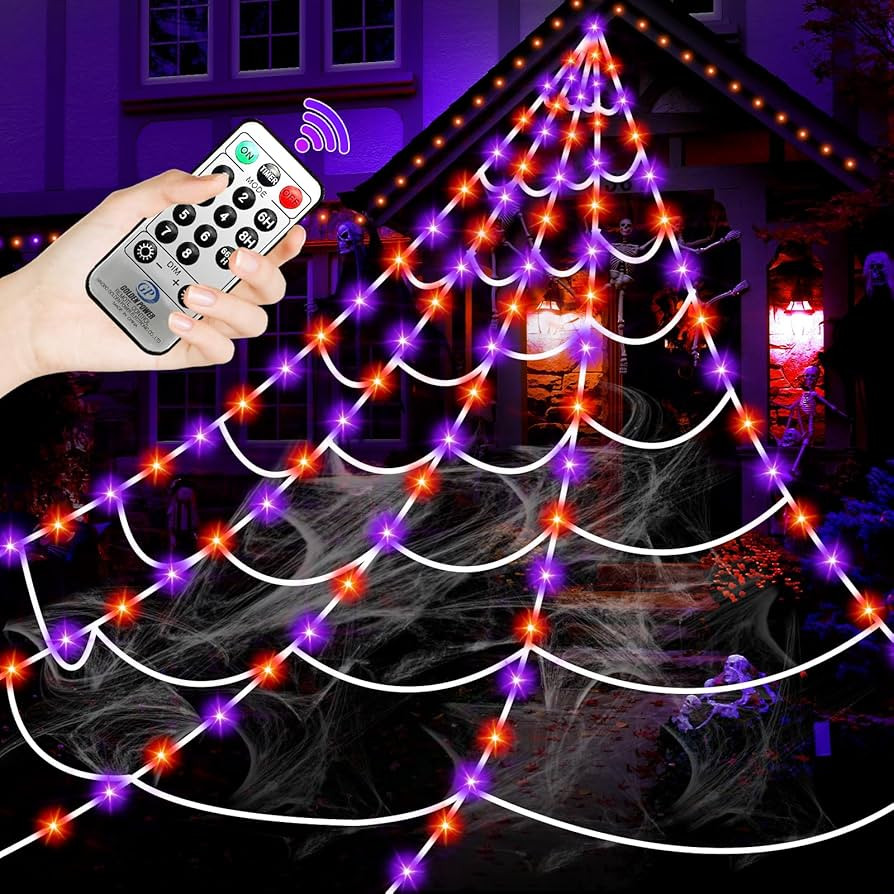 Halloween Decorations Outdoor Spider Web Lights, 16.4Ft 220 LED Lighted Spider Web Light up with ... | Amazon (US)