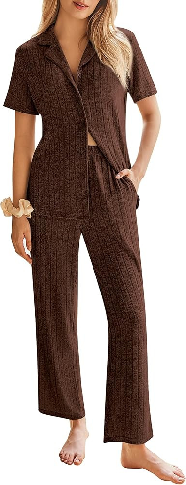 Ekouaer Womens Rib Knit Pajamas Button Up Lounge Sets Short Sleeve Top and Long Pants Matching Pj... | Amazon (US)