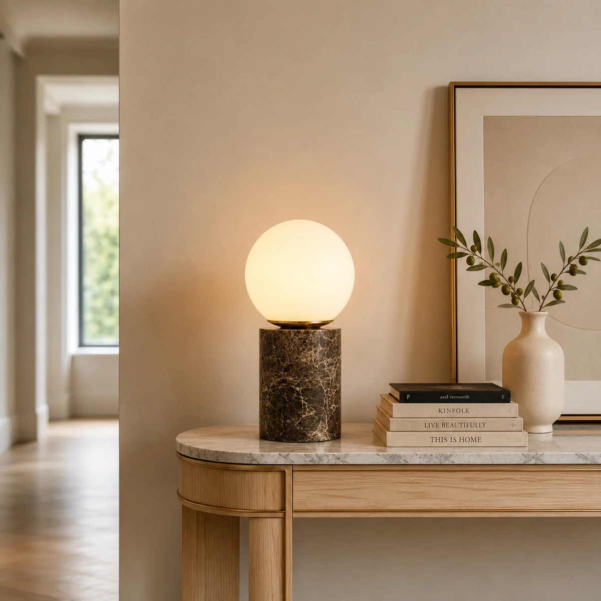 11.5" Modern Natural Brown Marble Table Lamp with Milky Glass Globe Shade | Wayfair North America