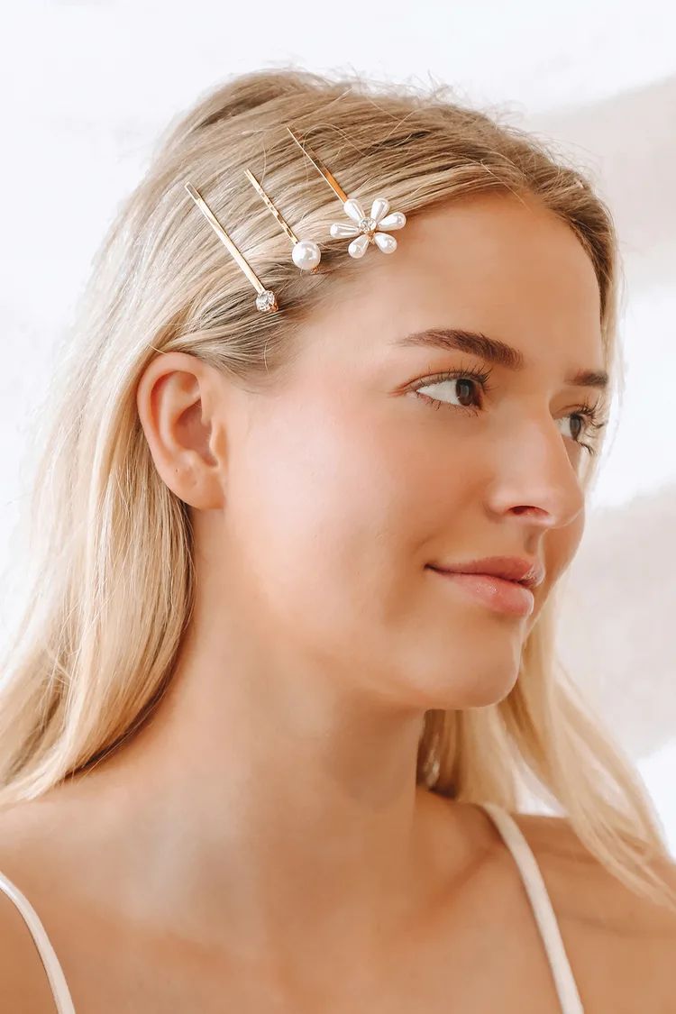 Florally Stunning Gold Rhinestone and Pearl Hair Pin Set | Lulus (US)