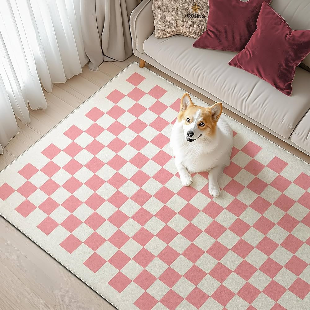 Checkered 8x10 Rug, Pink Checkerboard Modern Boho Washable Foldable Large Area Rugs for Living Ro... | Amazon (US)