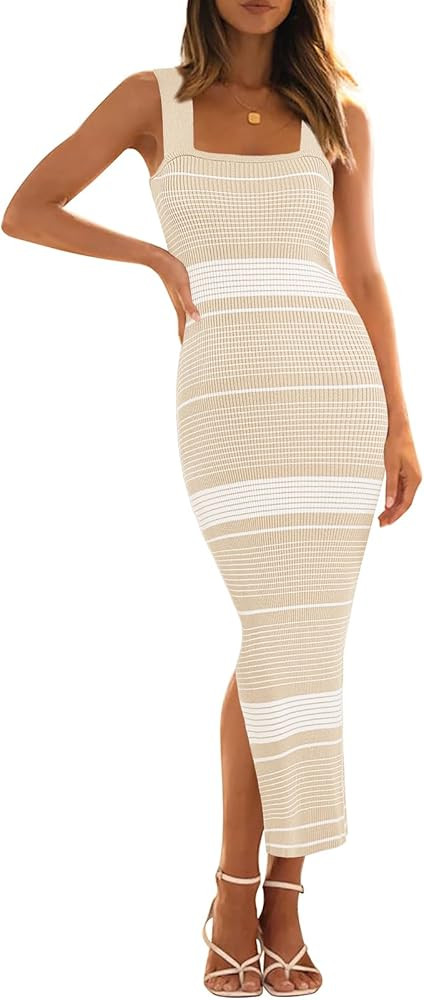 MEROKEETY Women's 2025 Summer Spring Bodycon Midi Dress Vacation Sleeveless Ribbed Knit Striped P... | Amazon (US)