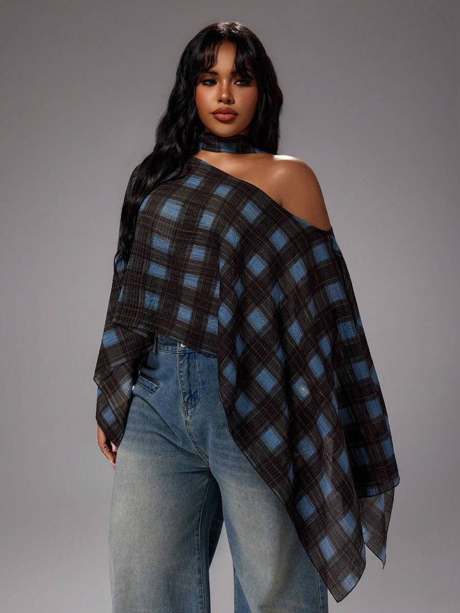 Rustia Women's Plaid Thin Silk Collar Neckline Casual Loose Batwing Sleeve Blouse, Summer Style, ... | SHEIN