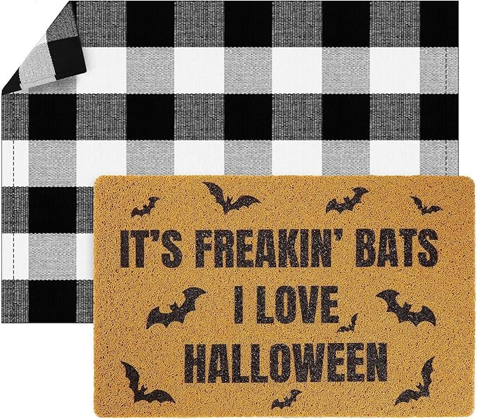 Honoson 2 Pieces Doormat Home Imitation Coir Halloween mat with Rubber Non Slip Backing Checkered... | Amazon (US)