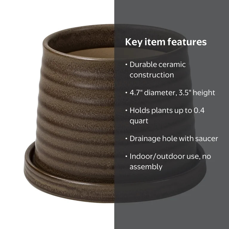 Better Homes & Gardens 4.7" x 4.7" x 3.5" Round Brown Ceramic Sabrina Plant Planter | Walmart (US)