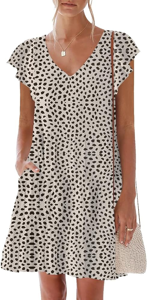 nclook Womens Summer Casual Dresses Sweet Cute V Neck Mini Dress with Pockets Ruffle Short Sleeve | Amazon (US)