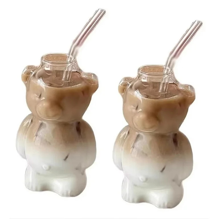 320ML Cartoon Bear Shaped Coffee Mug Cute Bear Mug Glass Cup with Straw Transparent Innovative Mi... | Walmart (US)
