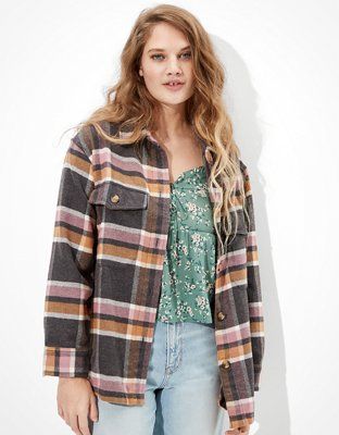 AE Oversized Flannel Button Up Shirt Jacket | American Eagle Outfitters (US & CA)