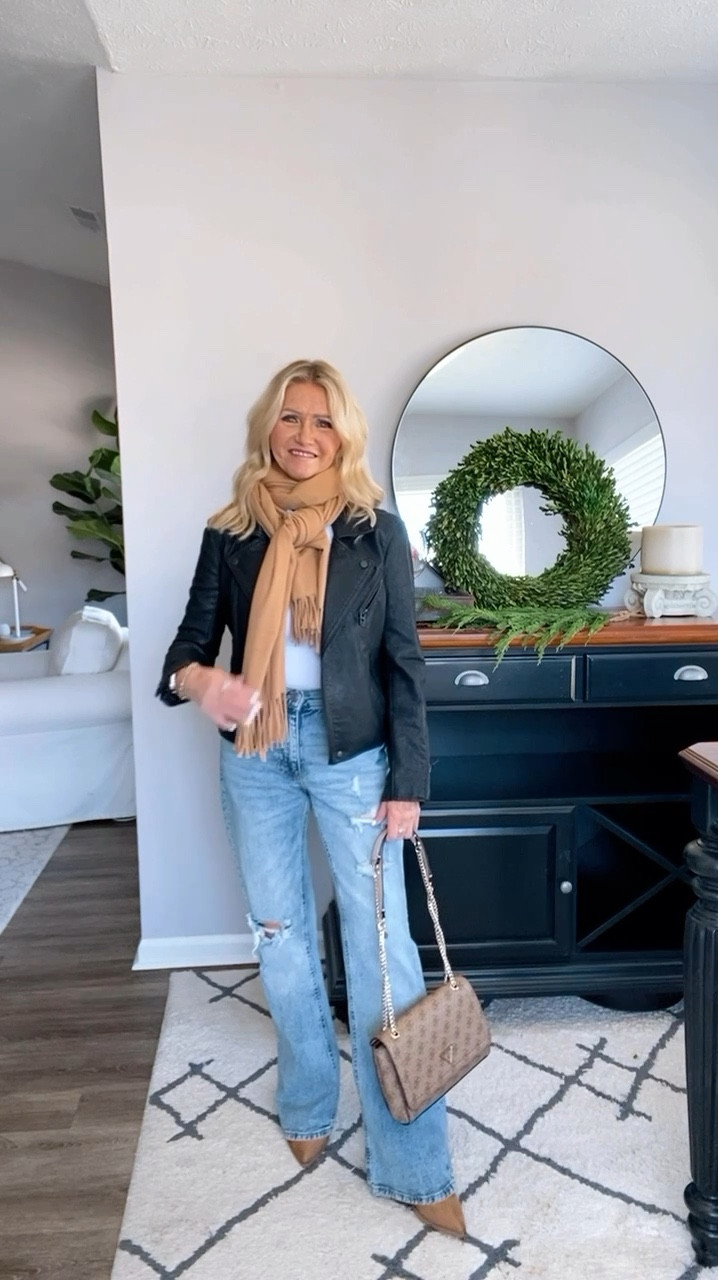 Weekend Ready!!! What are your plans this weekend?  Shopping, hanging out with friends and family. Go out in style.! 
Moto jacket/white bodysuit/ flare jeans/boots/brown scarf

#LTKFindsUnder50 #LTKStyleTip #LTKCyberWeek