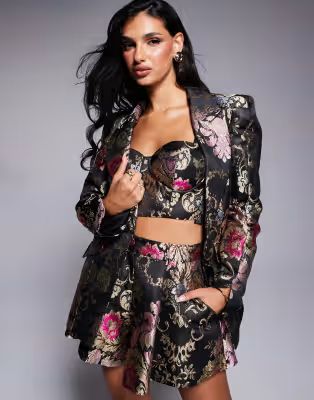 ASOS LUXE jacquard blazer, shorts and bralette set in black and gold | ASOS (Global)