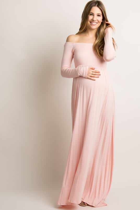 PinkBlush Pink Solid Off Shoulder Maternity Maxi ...