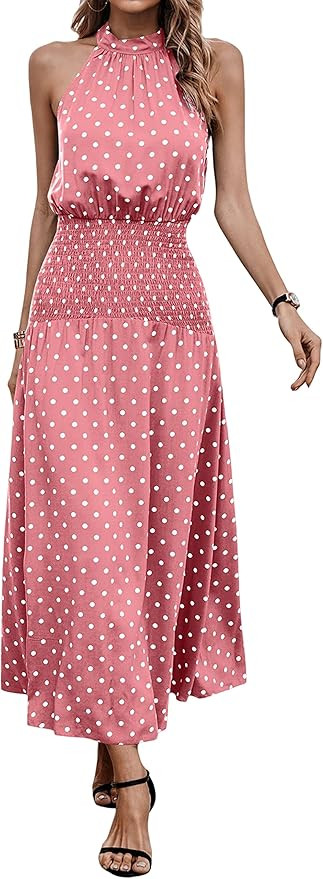 MASCOMODA Women Summer Boho Halter Neck Maxi Dress Smocked Floral Sleeveless Flare Flowy Long Bea... | Amazon (US)