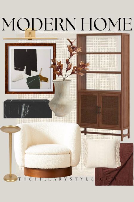Modern Home: home decor and furniture finds for the modern organic home. Sherpa accent chair, wood book shelf, neutral area rug, modern framed art, picture light, good cocktail table, marble storage box, ceramic vase, faux fall branches, throw blanket, accent pillow. CB2, Target, Pottery Barn, Wayfair, Anthropologie, Amazon Home.

#LTKstyletip #LTKSeasonal #LTKhome