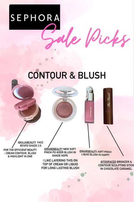 @sephora sale picks blush & contour 
Kaja beauty bento face stack in 2.0
Rare beauty powder blush in hope 
Rare beauty liquid blush in happy 
Toofaced contour stick in chocolate caramel 

#LTKxSephora #LTKbeauty #LTKfindsunder100